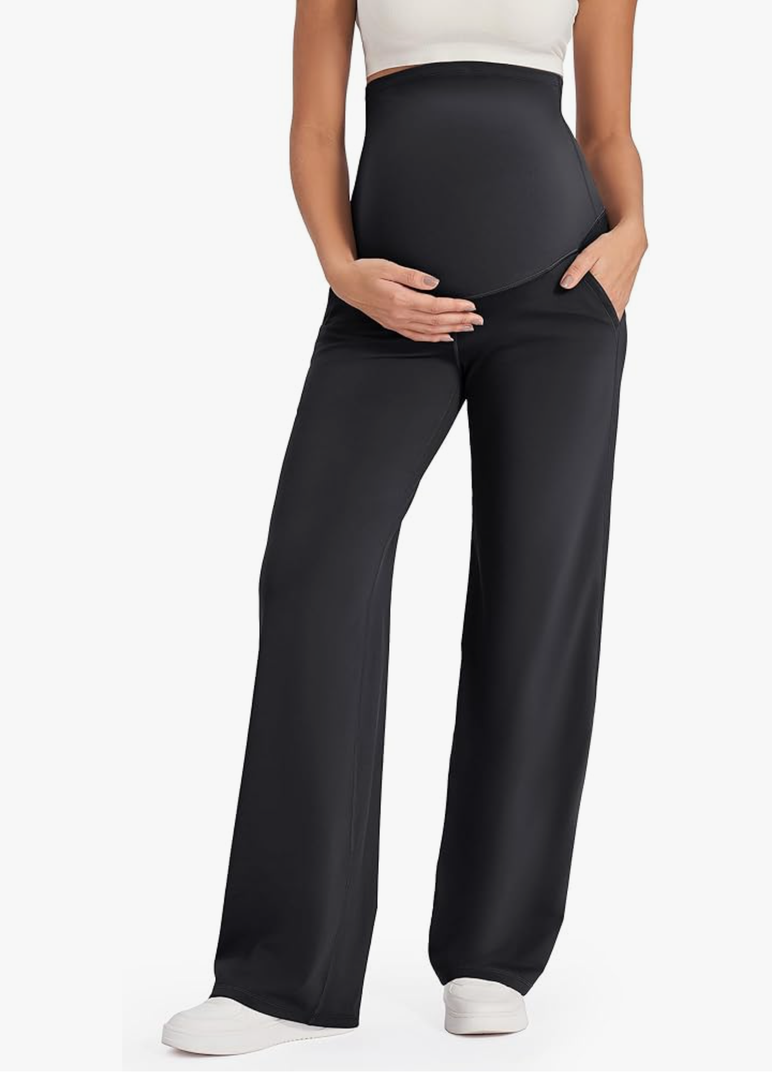 G4Free Maternity Pants Over The Belly Yoga Dress Work Pregnancy Pants Stretchy Lounge Wide Leg Trousers with Pockets Small