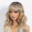 NOBLE Bob Wig with Bangs Short Wavy Wig for Women Ombre Mix Blonde Shoulder Length Wig Heat Resistant Synthetic Wigs for Daily Party Use 12 Inches (TT8A/23N)