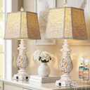 PARTPHONER 29" Table Lamps Set of 2, Bedside Lamps with USB A+C Ports & Night Light, Farmhouse Nightstand Lamps with Linen Fabric Shades for Bedroom Living Room, Antique White (LED Bulbs Included)