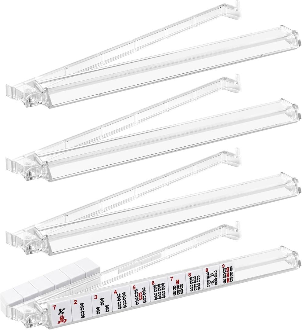 Clear Acrylic Mahjong Racks with Pushers, 4-Pack All-in-One Tile Rack and Pusher Set, Non-Slip American Mahjong Accessories for Modern Tiles, Transparent Gift-Ready for Adults & Family Game Night