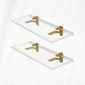 Clear Acrylic Shelves 14.5 inches, 3/4" Thick Transparent Wall Mounted Floating Shelves for Bedroom, Living Room, Bathroom, Kitchen - with Screws and Brass Finish Brackets, Pack of 2