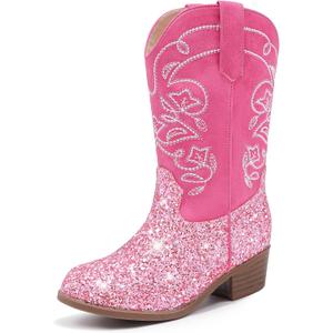 Cowgirl Boots for Girls Mid Calf Youth Girl Cowboy Western Boots Pointed Toe Embroidered for Horse Riding Country Party Toddler Little Big Kids (Pink Sequins)