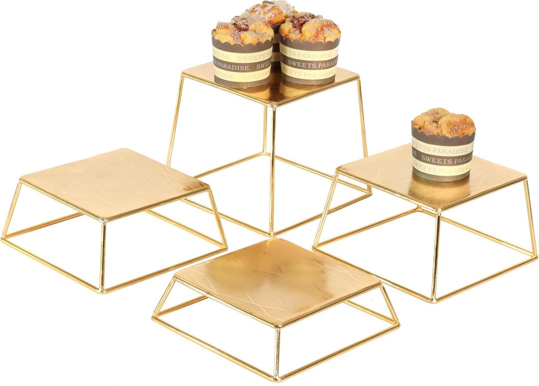 Dessert Table Risers Display Stands Food display Gold Metal Square Retail Pizza,Cupcake,Candy Stands Food Platter Tray,6x6 INCH, Set of 4