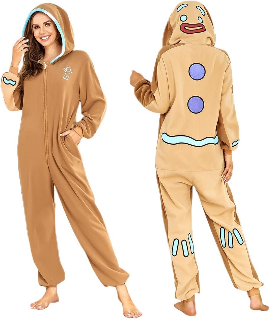 RONGTAI Unisex Adult Costume One Piece Pajamas Overall Halloween Costume Christmas Sleepwear Jumpsuit (XX-Large, Gingerbread Man)