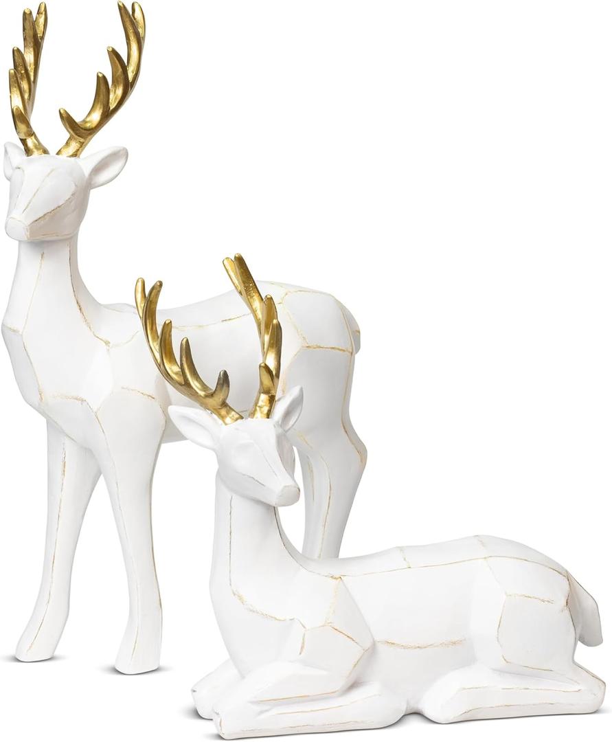 KI Store Set of 2 White Deer Figurines with Gold Antlers 12-Inch Resin Standing and Sitting Deer Figures Reindeer Decorations for Christmas Decor Display
