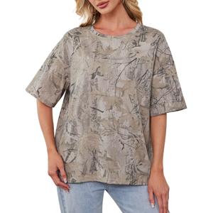 Eutten Womens Camo Shirt Maple Leaf Print Summer Tops Short Sleeve Oversized Crewneck T Shirts Loos Fit Graphic Tee (Brown, L)