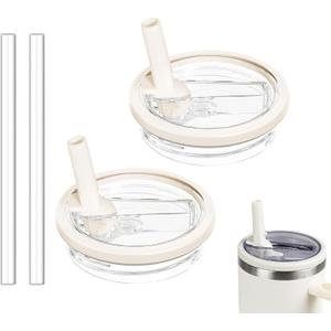 2 Pack 30 oz Tumbler Flip Straw Lid Replacement Compatible for Stanley Quencher, Leak Proof Lid Replacement for 30 OZ Stanley H2.0 FlowState Tumbler,Spill Proof Splash Reusable (Ivory White)