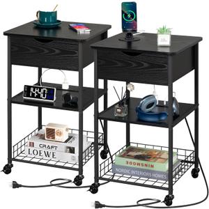 Night Stands for Bedrooms Set of 2, Nightstand with Charging Station, End Tables, Bedside Table, Side Table, for Living Room, Bedroom, Night Stand with Drawer, Kids Nightstand,Black