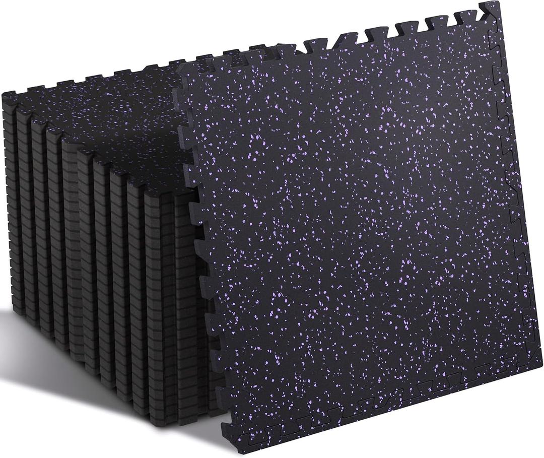 SUPERJARE 0.4'' Thick 24 Pcs 96 Sq Ft Rubber Top Exercise Equipment Mats, High Density EVA Foam Mats with Rubber Top, Interlocking Gym Flooring for Home Gym, Protective Workout Mat, Black/Purple