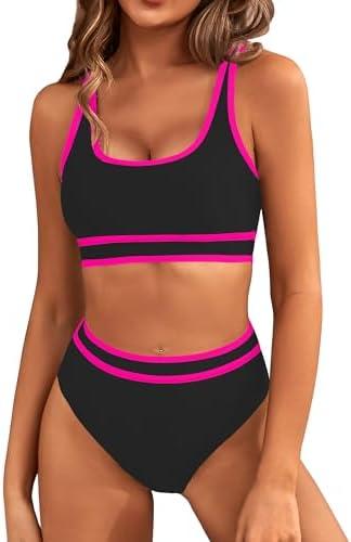 BMJL Women's High Waisted Bikini Sets Sporty Two Piece Swimsuits Color Block Cheeky High Cut Bathing Suits, Small