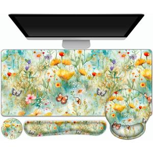 Gaming Mouse Pad, Large Desk Mat, Cute Desk Pad Protector, 4in1 XXL Mousepad + Keyboard Wrist Rest+Mouse Wrist Rest+Coaster Set with Ergonomic Desk Pad for Home Office PC Computer, Yellow Flowers