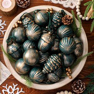 20 Pcs Vintage Christmas Ball Ornaments Neutral Textured Christmas Tree Hanging Decorations with Loop Antique Rustic Distressed Ornaments Decor for Home Farmhouse Xmas Party(Dark Green)