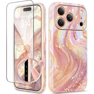 GVIEWIN for iPhone 17 Pro Case Compatible with MagSafe, with Screen Protector [Full Camera Protection] Military-Grade Shockproof Slim Magnetic Marble Phone Case for 17 Pro 6.3", Glistening/Pink