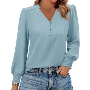 Long Sleeve Shirts for Women V Neck Fall Tops 2025 Trendy Dressy Casual Smocked Cuffs Outfits Cute Tunic Fashion Blouses Clothes Light Blue S (Blue, S) Long Sleeve Shirts for Women V Neck Fall Tops 2025 Trendy Dressy Casual Smocked Cuffs Outfits Cute Tunic Fashion Blouses Clothes Light Blue S (Blue, S)