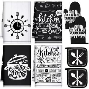 Leinuosen 8 Pcs Cooking Kitchen Towels and Oven Mitts Sets Pot Holders Dishcloths Set Kitchen Decorative Accessories Absorbent Gloves Potholders Heat Resistant for Chef Baking Cooking(Black and White)