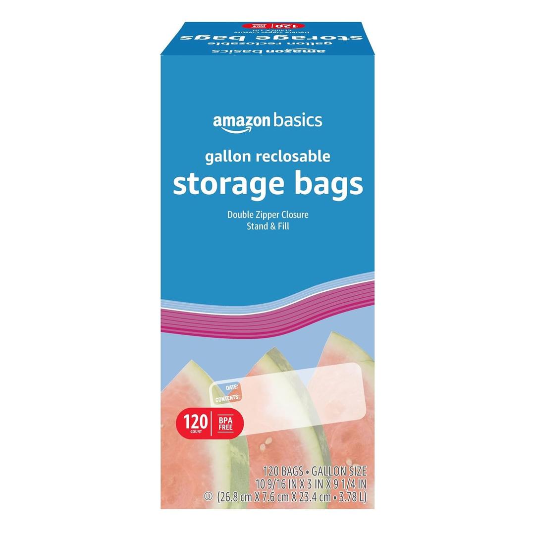 Amazon Basics Reclosable Gallon Food Storage Bags, BPA Free, Count of 120