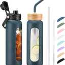 Kodrine Water Bottle with Straw, 24 oz Glass water Bottle with 2 Lids Bamboo Straw Lid and Spout Lid with Handle, 32 oz Clear Water Bottle Glass for Sports Travel, Waterbottle with Time Marker (Navy Blue)