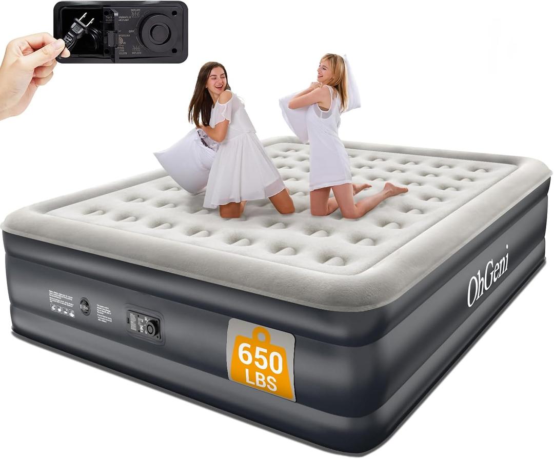 OhGeni Cal King Air Mattress with Built-in Pump, 18" Tall Inflatable Blow Up Air Bed with Carrying Bag for Camping, Guest. Raised Elevated High Airbed, Foldable & Portable Colchon inflables, Black OhGeni Cal King Air Mattress with Built-in Pump, 18" Tall Inflatable Blow Up Air Bed with Carrying Bag for Camping, Guest. Raised Elevated High Airbed, Foldable & Portable Colchon inflables, Black