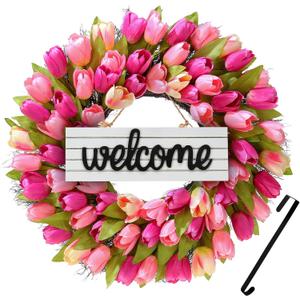 Wreaths, Tulip Wreath, 24 Inch Wreath for Front Door, Spring Wreaths with Metal Hanger, for Summer and Winter, Indoors,Outdoors, corridors, Offices (Pink)