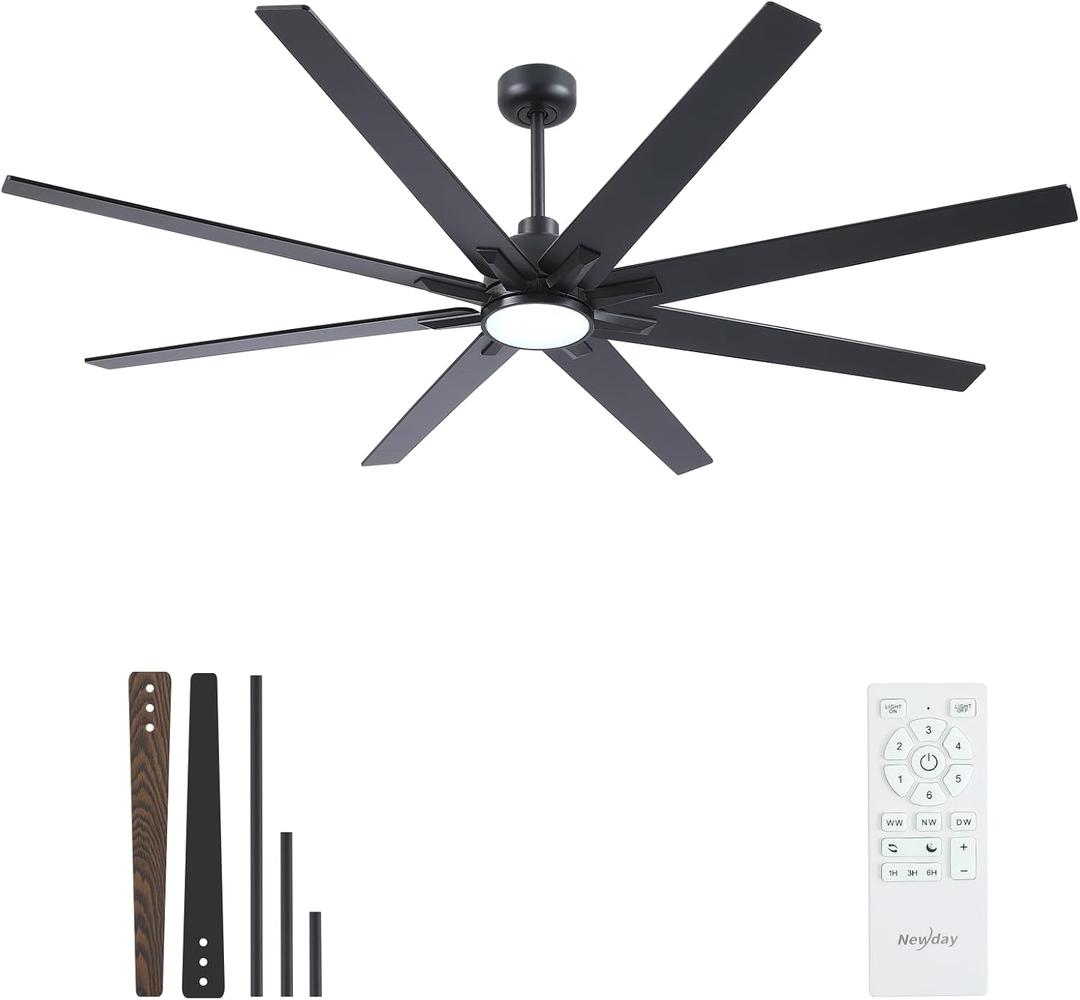 Newday 72 inch Large Ceiling Fans with Lights and Remote, Indoor/Outdoor Black Ceiling Fan for Living Room Patio, 6 Speeds Slient Reversible DC Motor, 3CCT, Timer, 3 Downrods, 8 Blades