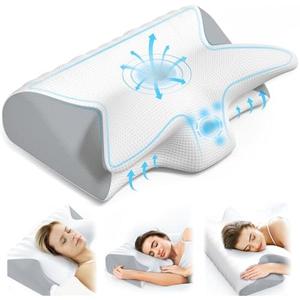 Cervical Neck Pillow for Pain Relief, Adjustable Ergonomic Memory Foam Pillow for Neck and Shoulder Pain, Orthopedic Contour Support Pillows for Side Back & Stomach Sleepers, Grey