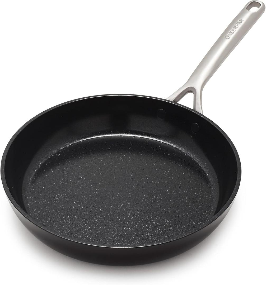 GreenPan GP5 Hard Anodized Healthy Ceramic Nonstick 10" Frying Pan Skillet, Heavy Gauge Scratch Resistant, Stay Flat Surface, Induction, Mirror Finish Handle,Oven Safe, PFAS-Free, Black