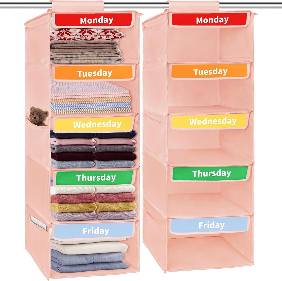 Pack of 2 Weekly Hanging Closet Organizer for Kids, 5-Shelf Closet Hanging Storage Shelves, Kids Closet Organizers and Storage, 32"x11"x11" Monday Through Friday Clothes Organizer Pink