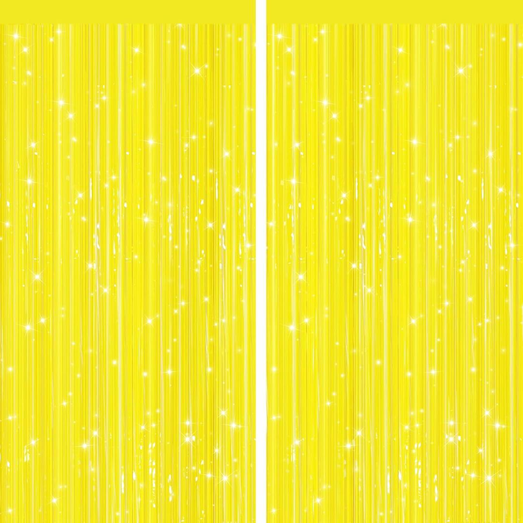 2 Pack Yellow Metallic Tinsel Foil Fringe Curtains, Door Streamers Photo Booth Backdrop for Birthday Party, Tinsel Curtain Backdrop for Baby Shower Bachelorette Christmas Party Decorations