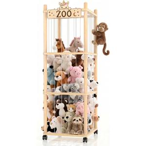 Stuffed Animal Storage Zoo Tower,56In Wooden Large Stuffed Animal Holder Organizer with Wheels,Stuffy Plushies Storage with Elastic Band&Mesh Bottom,Toy Storage Organizers for Playroom Bedroom Nursery