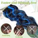 KooKaStyle Invisible Wire Hair Extensions with Transparent Headband Adjustable Size 4 Secure Clips Long Wavy Highlight Synthetic Hairpiece 20 Inch Black with Blue for Women