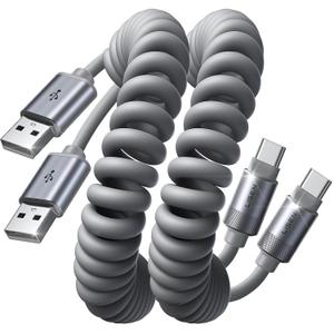 LISEN Coiled USB C Cable, 2 Pack for Android Auto & CarPlay Cable, 4FT Short USB A to USB C Cable Compatible with iPhone 16/15, Samsung Galaxy S25/S24/S23 A15/A14, Google Pixel 9/8, Moto, OnePlus, TCL (Grey)