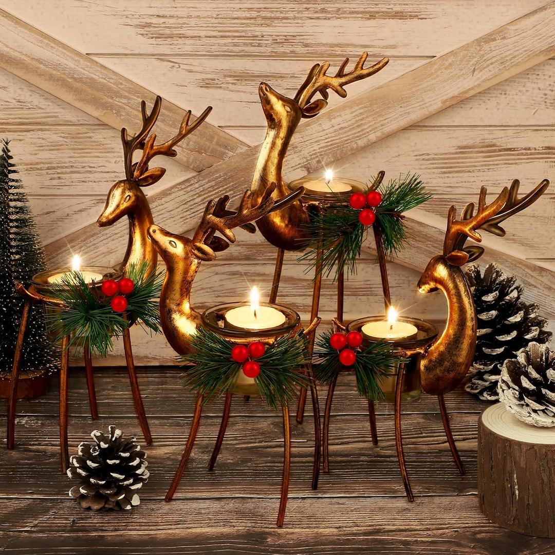 MCEAST 4 Pieces Reindeer Tealight Candle Holders Standing Iron Metal Christmas Decorations with 4 Sizes Xmas Glass Votive Holders with Pine Cones Christmas Tabletop Centerpiece, Holiday Decoration