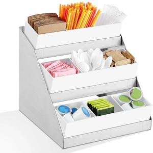 Maxdot Coffee Station Organizer, 3-Tier Stainless Steel Condiment Station with Acrylic Bins, 9 Compartments Condiment Organizer 13.4"x11.4"x12.4" for Coffee Bar Kitchen Office Breakroom Countertop