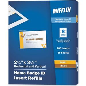 Mifflin-USA Name Badge Inserts, 2.25x3.5 or 3.5x2.25 (280 Cardstock Refills, 35 Sheets), Compatible With Inkjet, Laser Printer, and Printable Badge Inserts