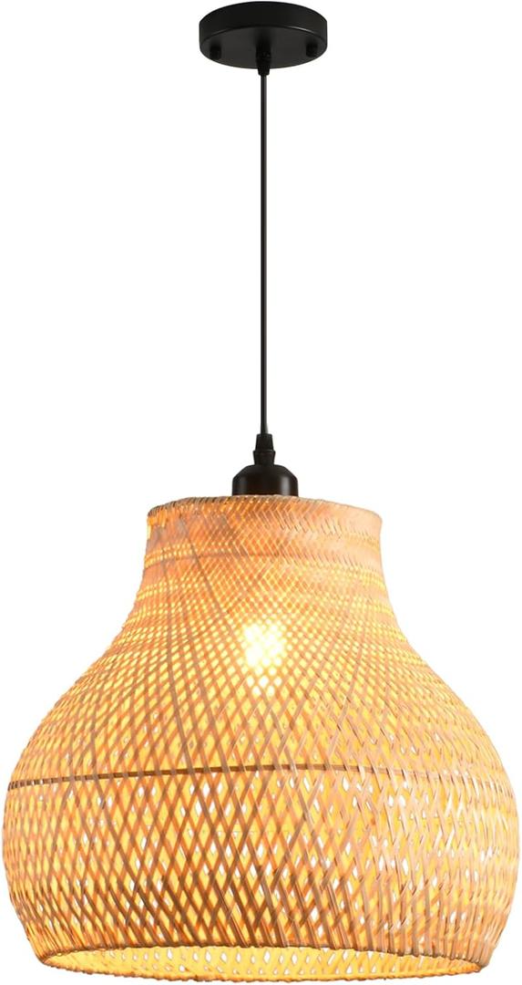 Bamboo Pendant Light 13.39" Hand Woven Rattan Pendant Light,1-Light Bamboo Rattan Ceiling Hanging Light,for Living Room Kitchen Dining Room Farmhouse