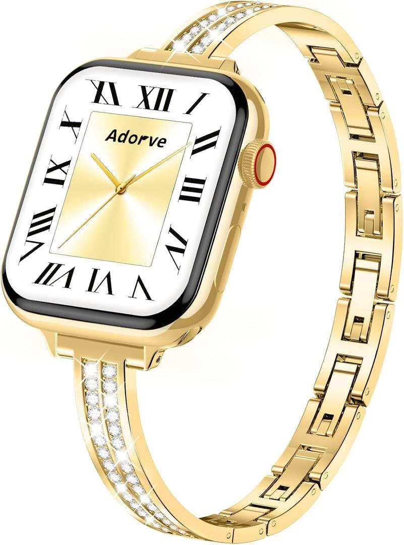 Adorve Slim Gold Bands Compatible with Apple Watch Bands for Women 38mm 40mm 41mm 42mm 44mm 45mm 46mm, Cute Dressy Thin Bracelet Stainless Steel Metal Strap for iWatch Bands Series 11 10 9 8 7 6 5 4 3 SE