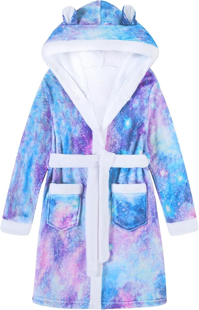 Funnycokid Girls Robes Kids Hooded Bathrobe Soft Fleece Pajamas Plush Flannel Sleepwear 7-8 Years (Purple)