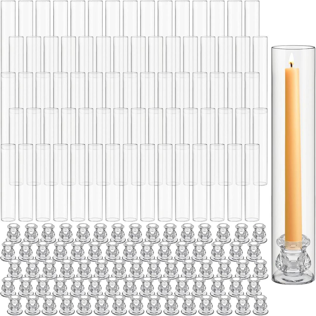 Teenyyou 36 Set Glass Hurricane Candle Holders Bulk 12.6" Open Ended Glass Candleholder Tube Shape Bottomless and 2.2" Taper Clear Candlestick Holders for Wedding Table Centerpiece (Clear)