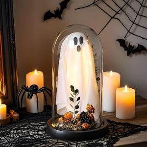 Light Up Ghost in Removable Glass Dome, Cute White Spirit Decoration for Winter Tabletop, Cozy Home Accent, Holiday Night Light for Mantel, Bedroom or Office Decor