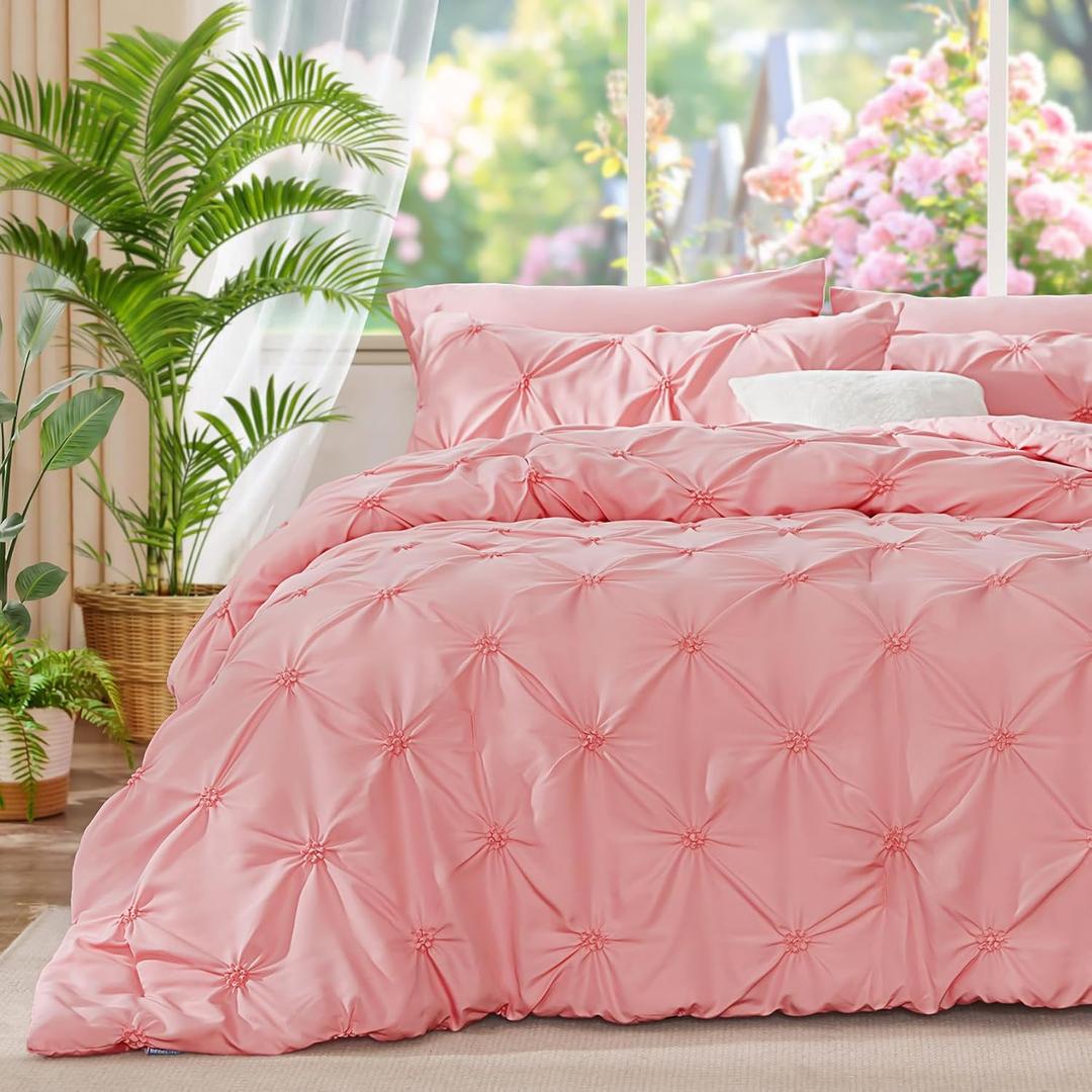 BEDELITE Pink King Size Comforter Set - 3 Pieces Boho Pintuck Bedding Comforter Sets, Lightweight Soft & Warm King Bedding Set with 2 Pillowcases for All Season