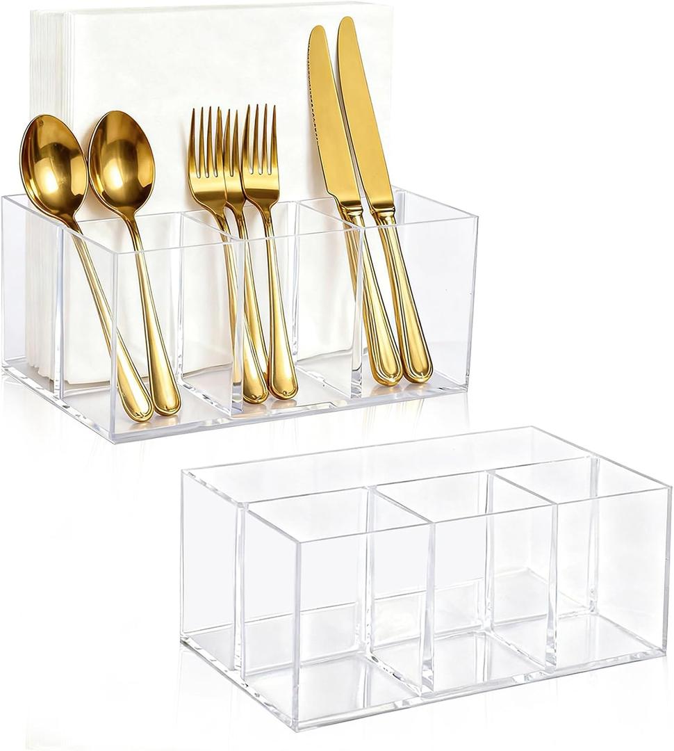 2Pack Acrylic Utensil Holder Silverware Organizer 4 Compartments Tableware Storage Box Countertop Cutlery Caddy for Forks, Knives, Spoons, Napkins, PlatesIndoor/Outdoor Use