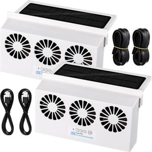 Tujoe 2 Pack Solar Powered Car Exhaust Fan 3 Fans Car Window 4500 RPM Air Vent Radiator Solar Energy Cooling Vent Exhaust for General Types(Rechargeable & Solar 3 Fans,White)