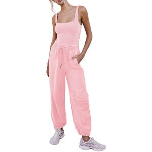 Outfeel Women's Sleeveless Summer Jumpsuit Square Neck Drawstring Waist Long Romper Jumpers 2026 with Pockets (Pink, Small)