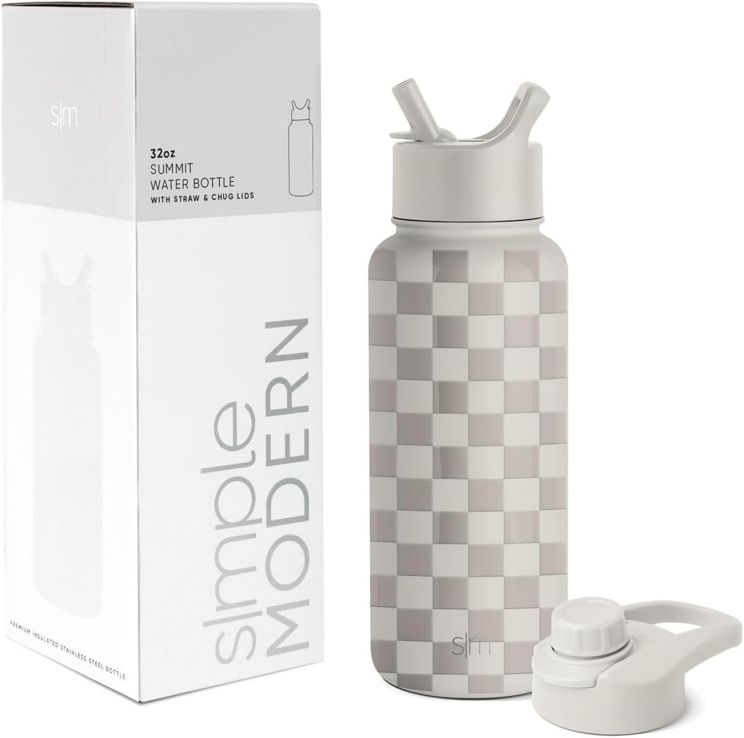 Simple Modern Water Bottle with Straw and Chug Lid Vacuum Insulated Stainless Steel Metal Thermos Bottles | Reusable Leak Proof BPA-Free Flask for Sports Gym | Summit Collection | 32oz, Checkmate | with Straw, and Chug Lid, Vacuum Insulated, Metal, Thermos Bottles, Reusable