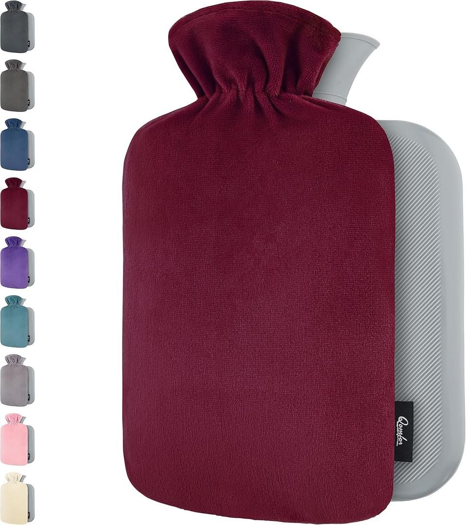 Qomfor Hot Water Bottle with Soft Fleece Cover - 1.8L Large - Premium Hot Water Bag for Pain Relief, Period Cramps, Cozy Nights, Bed Warmer, and Feet Warmer (Bordeaux) (Medium, Burgundy)
