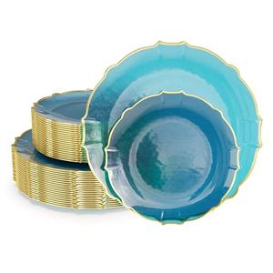 Exquisite Plastic Plates for Party 40 Piece Fancy Plastic Dinner Plates For 20 Guests 20 X 7.5 Dessert Plate & 20 X 10 Thin Delicate Disposable Dinnerware Charger Plate Peacock Gold Rim 2 Pack