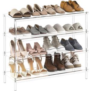 Aquiver 4 Tier Acrylic Shoe Rack for Closet - Wide Shoe Rack - Entryway Shoe Organizer for 16-20 Pairs of Shoes, Easy to Clean, 32.3'' L x 11.8'' W x 28.4'' H