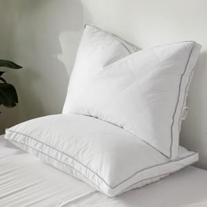 Dreamhood Luxury Goose Feather Down Pillow Queen Size Set of 2 - Made in USA Gusseted Hotel Bed Pillows with Premium 500 TC Cotton, Medium Firm Feather Down Pillow for Back (1.5"gussted White)