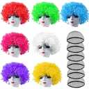 ELECLAND 7 Pieces Party Wigs and 7 Pieces Wig Cap Set, Neon Curly Afro Wigs Colorful Cosplay Wig Daily Party Hairpieces for Bachelorette Neon Party Favors, Halloween and Decorations