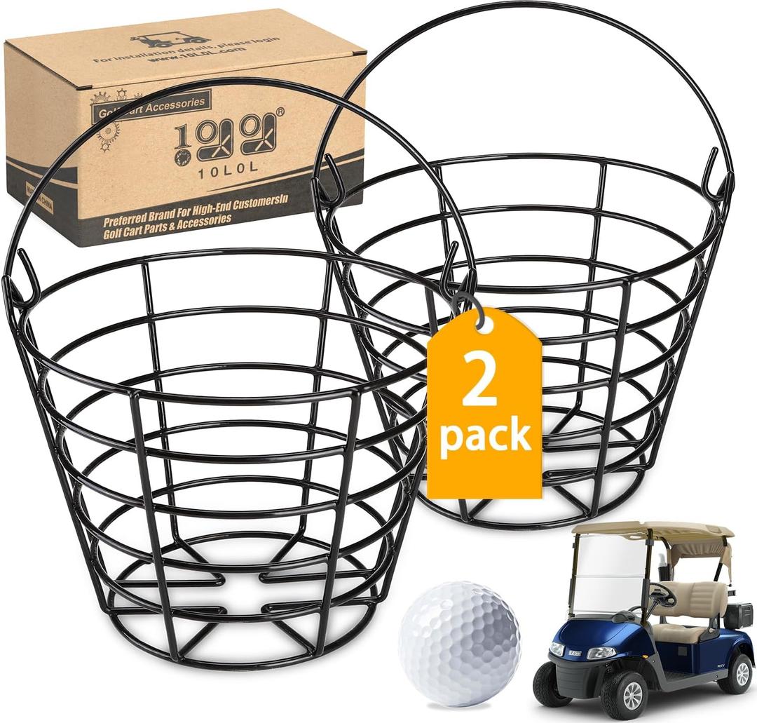10L0L Metal Range Golf Ball Baskets with Handle, Golf Ball Storage Bucket, Holds 50 Balls Each (GolfBalls Not Included) (2PCS Black)